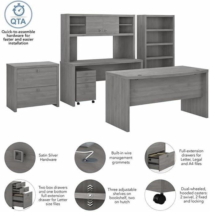 Bush Business Furniture Office by Kathy Ireland® Echo Bow Front Desk, Credenza with Hutch, Bookcase and File Cabinets in Modern Gray
