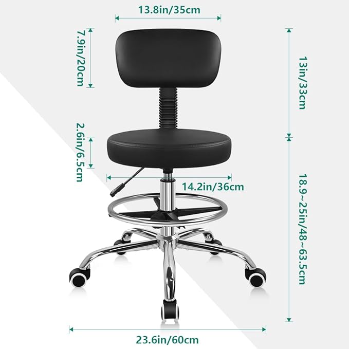BFTOU Black Drafting Chair with Back Tall Adjustable Rolling Stool with Footrest Thick Seat Cushion Office Desk Chair for Shop Salon Bar Kitchen Studio Home