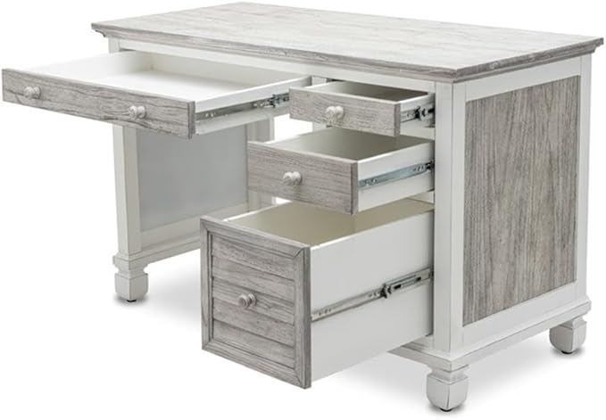Pemberly Row Coastal Wood Desk & Chair Set, Distressed Gray/White Finish, Solid Mindi Wood, 48" Desk with 4 Drawers, Full-Extension Slides, Hanging File Storage, Home Office Furniture