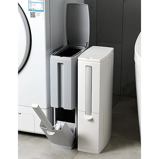 Slim Bathroom Trash Cans with Lid 4.4 Inches Wide/0.7 Gallon(3 Liters), Small Narrow Lidded Bathroom Trash Can with Toilet Brush for RV Camper, Tiny Garbage Can RV Accessories for Inside(Grey)