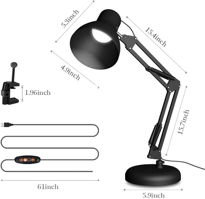 ShellKingdom Architect Task Lamp，Adjustable Swing Arm Desk Lamp with Clamp，Classic Desk Lamp for Home Office Reading (Black-USB)