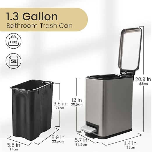 Small Bathroom Trash Can with Lid, Trash Can with Removable Liner, Soft Close lid & Step Pedal, Stainless Steel Trash Bin for Bathroom,Bedroom,Home Office (Grey, 1.3 Gallon)