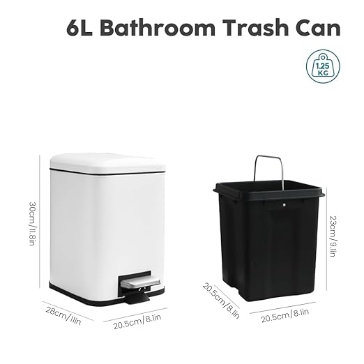 Small Bathroom Trash Can with Lid Soft Close, Step Pedal, 6 Liter / 1.6 Gallon Stainless Steel Garbage Can with Removable Inner Bucket, Anti-Fingerprint Finish, Matte White
