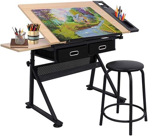 HomGarden Height Adjustable Drafting Desk Drawing Table Art Craft Work Station w/Stool, Storage Drawers for Drawing, Reading, Writing