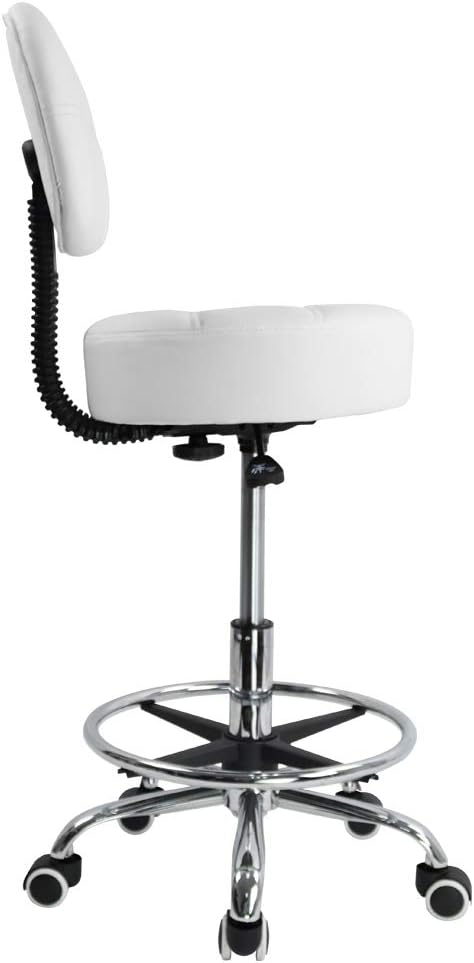 KKTONER Swivel Round Rolling Stool PU Leather with Adjustable Foot Rest Height Adjustable Task Work Drafting Chair with Back(White)
