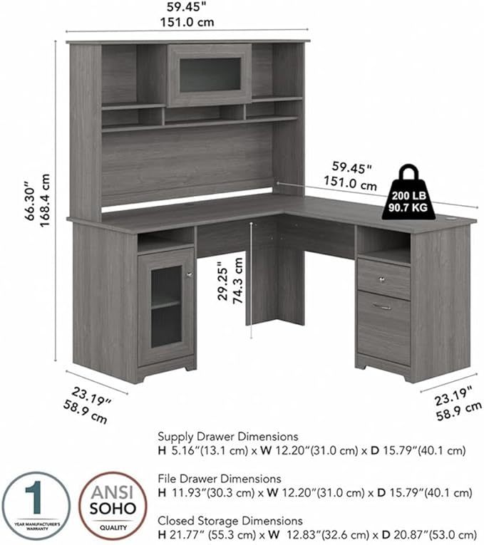 UrbanPro 60W L Shaped Computer Desk with Hutch, Engineered Wood, Modern Gray Finish, Built-In Wire Management, File Drawer, Adjustable Shelf, Fluted Glass Door, Home Office Desk for Storage and