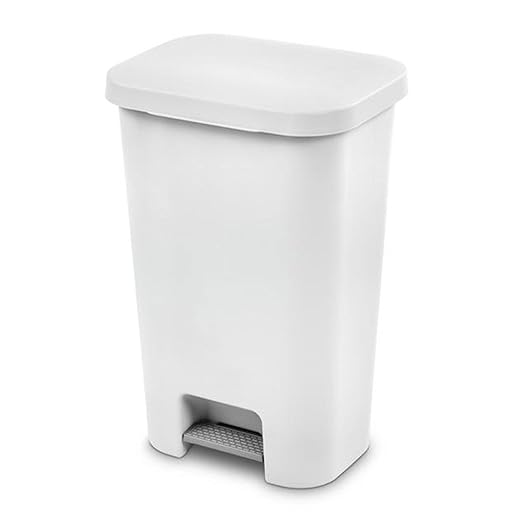 Sterilite 11.9 Gallon Rectangular Step On Kitchen Plastic Indoor Wastebasket with Wide Opening Lid and Comfort Handle for Home, White (12 Pack)