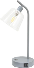 Simple Designs LD1074-GRY 15.75" Sleek Essentials Modern Industrial Metal Desk Lamp with Clear Glass Shade and Dual USB Ports, for Office, Desk, Nightstand, Dorm, Gray