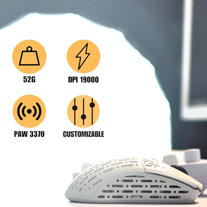 Sleeper, Wireless Gaming Mouse,19000 DPI, 53g Lightweight, 6 Programmable Buttons, Long Battery Life, PAW3370 Sensor, for Esports/FPS Gaming/Laptop/PC/Mac/Windows, White