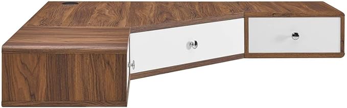 Modway EEI-5862-WAL-WHI Transmit 47" Wall Mount Corner Walnut Office Desk, Walnut White