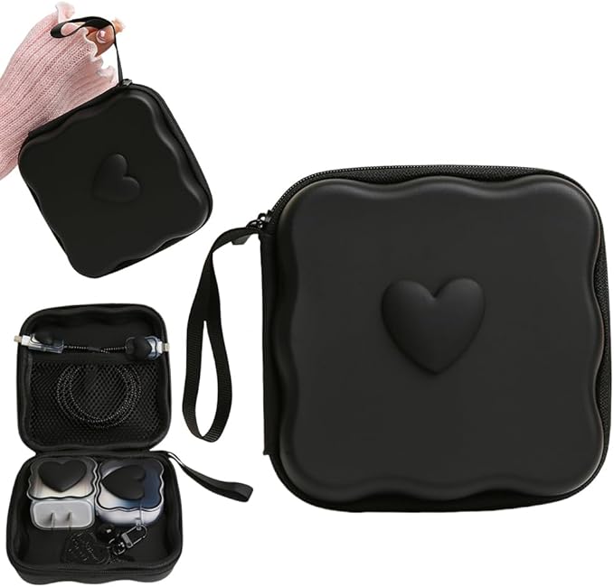 Charger Cover Storage Bag, Lovely 3D Love Heart Waves Design Charger Protector Travel Storage Case, Earphone Wire Saver Cable Cord Organizer Wireless Earphone Storage Box, Black Love