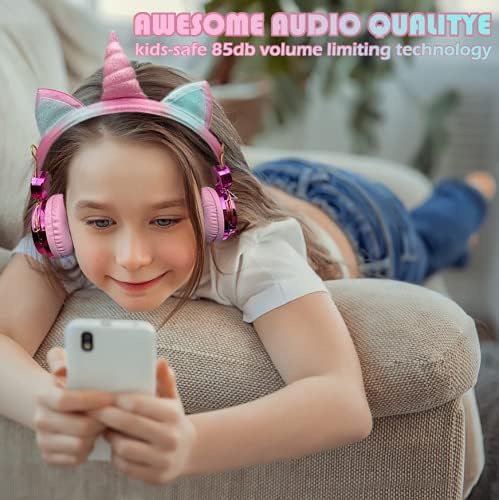 SVYHUOK Cat Ear Wireless Headphones for Kids with Mic, Bluetooth Over Ear Headset for School Cellphone Smartphones Laptop PC,FM&85db Volume liminted&LED Light,Wired Headset for School Home (Good)
