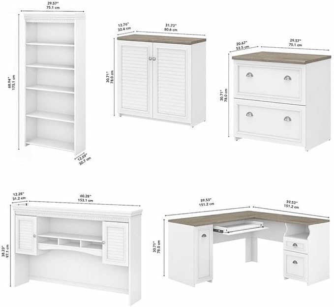 Pemberly Row Engineered Wood L Shaped Desk 5 Pc Office Set, Pure White & Shiplap Gray Finish, Includes Desk, Hutch, Bookcase, File Cabinet, Storage Cabinet, Modern Farmhouse Style Home Office