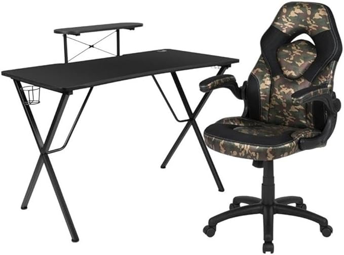 BOWERY HILL 2 Piece Gaming Desk Set, Black Laminate/Black Leather with Camouflage Mesh, Includes Raised Monitor Platform, Cup Holder, Headset Hook, Ergonomic High Back Chair for PC Gaming