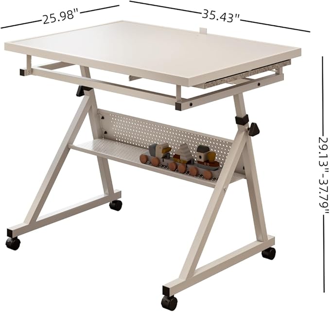 Drafting Table Art Table on Wheels with Storage & 4 Side Trays - Adjustable Drawing Table Tilted Tabletop, Crafting Desk with Storage for Artist Painters Home Office (White C)