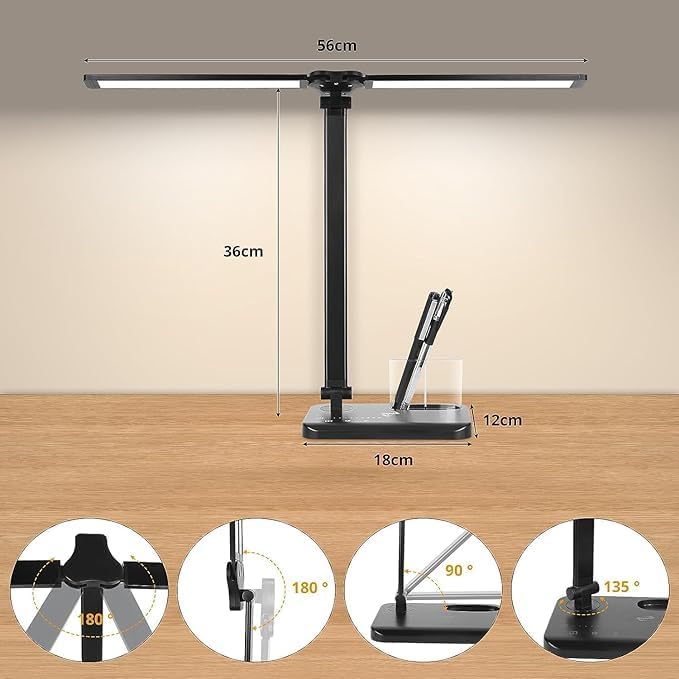 Woputne LED Desk Lamp with Dual Heads – 5 Colour Modes & 10 Brightness Levels, Adjustable Reading Light for Home Office, Bedroom, Study, and Craft (Black, Includes Adapter)