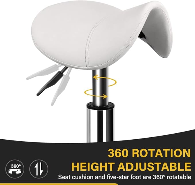 WKWKER Heavy Duty Saddle Rolling Stool with Wheels Hydraulic Swivel Adjustable Rolling Chair Ergonomic Thick Leather Seat Stool Chair for Kitchen Drafting Lab Office Salon Massage Chair – White