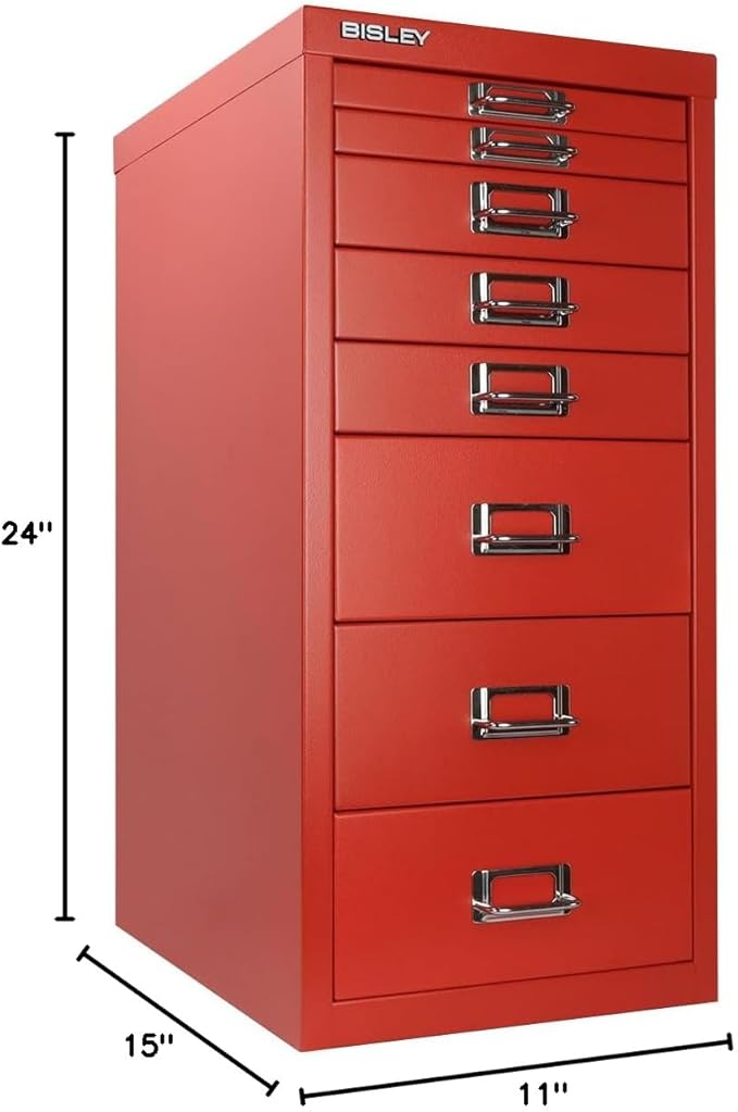 Bisley 8-Drawer Steel MultiDrawer Cabinet - Cardinal Red, Chrome Pull Handles with Label Holders, Powder-Coated Steel, Removable Drawers, Fits Under Most Desks, Labels Included