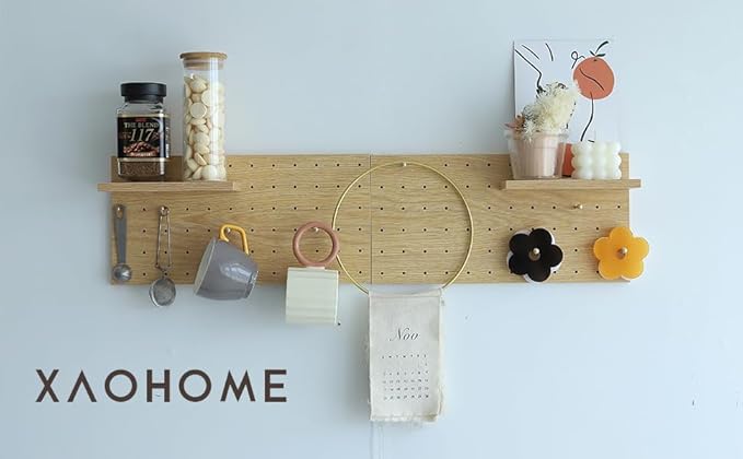 Wooden Pegboard, Sturdy Peg Board for WallsModular Grid Organizer, DlY Storage and Display Panels withShelves and Brass Hooks(Color:Oak)