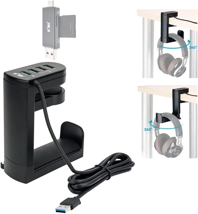 KIWIFOTOS Headphone Stand with 4 USB Ports Hub PC Gaming Headset Holder Hanger 360 Degree Rotation Clamp Under Desk Headphone Hook Mount with Cable Clip Organizer