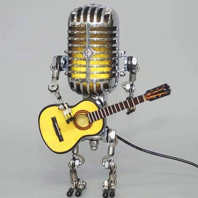 Vintage Microphone Guitar Robot Lamp, Music Gifts for Men, Cool Gifts for Music Lovers, Vintage Light Home Decor Nightstand Desk Lamp for Bedroom, Music Studio (Yellow)