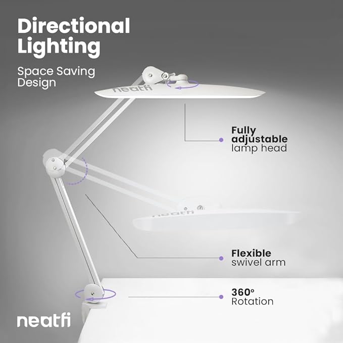 Neatfi XL 2200 Lumens 20W LED Desk Lamp with Clamp – Adjustable Color Temperature | 4-Level Dimmable Light | Home Office, Crafts & Workbench | 20-Inch Wide Head (White, CCT with Clamp)