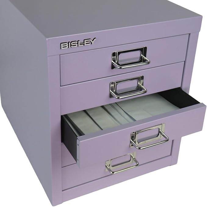 Bisley 5-Drawer Steel MultiDrawer Cabinet - Lilac, Chrome Pull Handles with Label Holders, Powder-Coated Steel, Removable Drawers, Desktop Storage, Labels Included