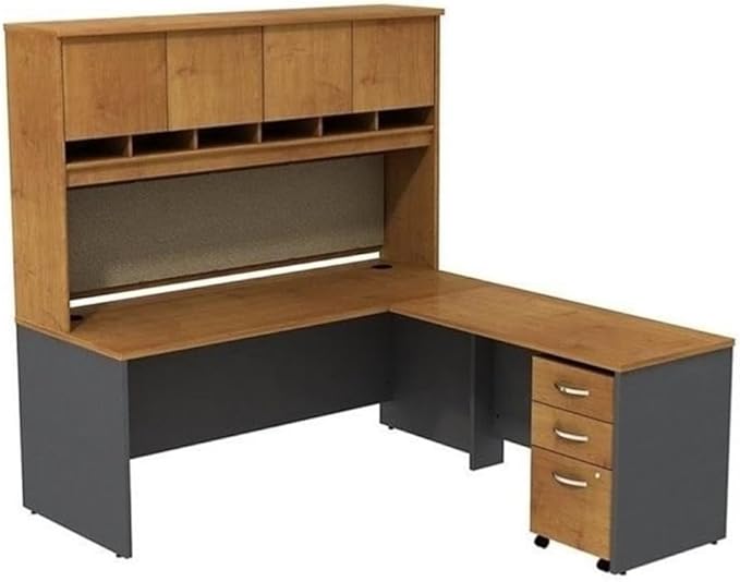 BOWERY HILL 72" L-Shaped Desk with Hutch, Natural Cherry Finish, Thermally Fused Laminate, 72" 4-Door Hutch with Fabric Tack Board, 48" Bridge Return, 3-Drawer Mobile Pedestal, Home Office Desk