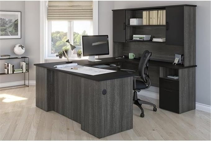 Atlin Designs U Shaped Computer Desk with Hutch, 71"W x 88.4"D x 70"H, Laminated Wood, Black/Bark Gray Finish, 2 Drawers, 3 Shelves, Reversible Office Desk with Wire Management for Home or Office Use