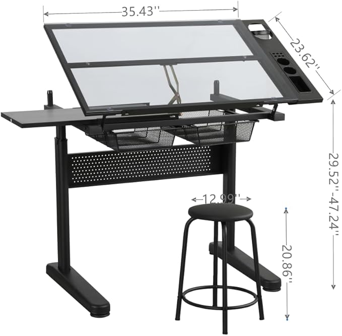 CuisinSmart Drafting Table w/Stool Height Adjustable Multifunctional Art Craft Diamond Paintings Work Station w/2 Storage Drawers Artists Desk Tilting Glass Tabletop for Home Office Black