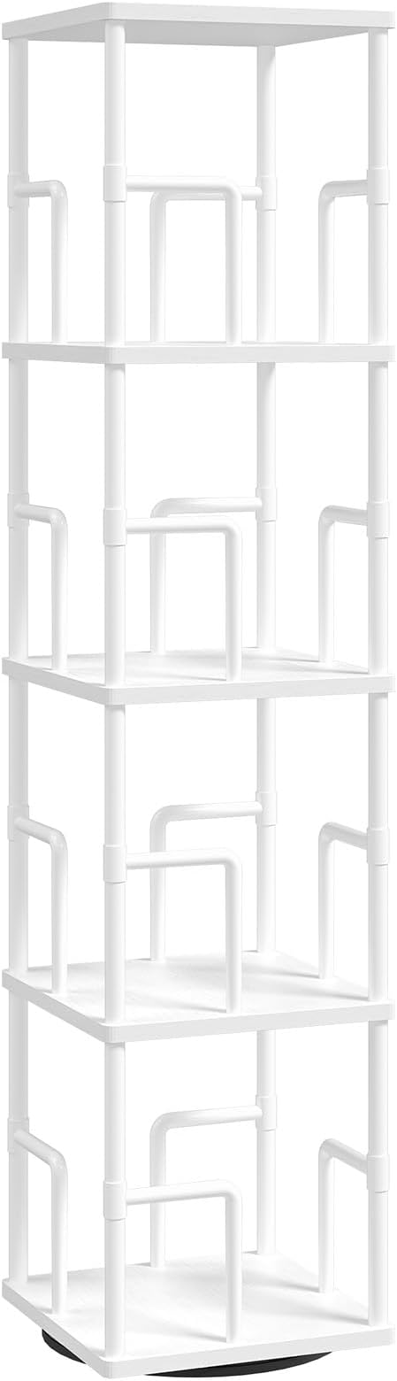 MAHANCRIS 4-Tier Rotating Bookshelf, Freestanding Corner Bookshelf, 360° Spinning Bookcase, Industrial Style Storage Rack with Rails, for Living Room, Bedroom, Study, White BKWT1501