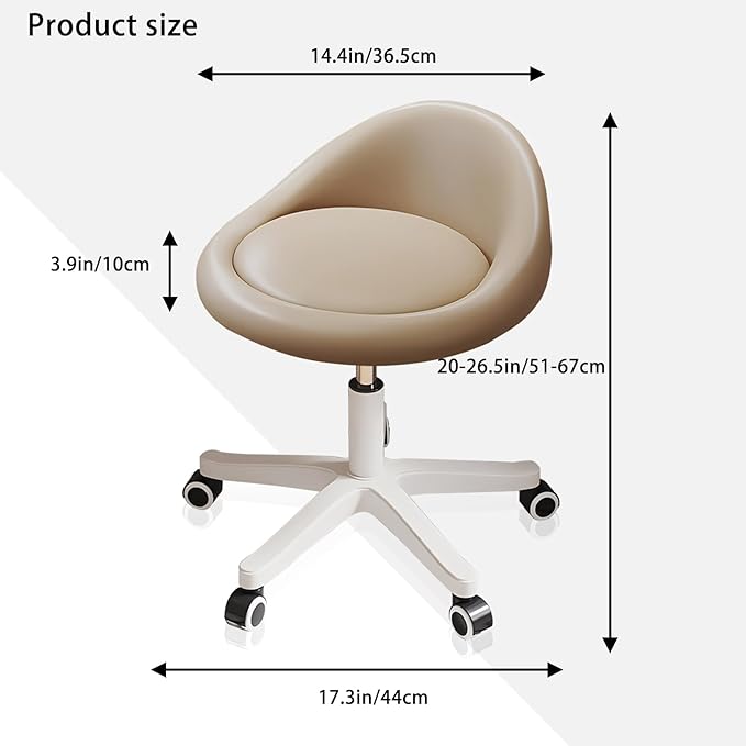 Swivel Rolling Stool with Wheels, Height Adjustable PU Leather Drafting Chair, Round Seat for Salon, Spa, Tattoo, Office, Home Use Khaki Set of 2