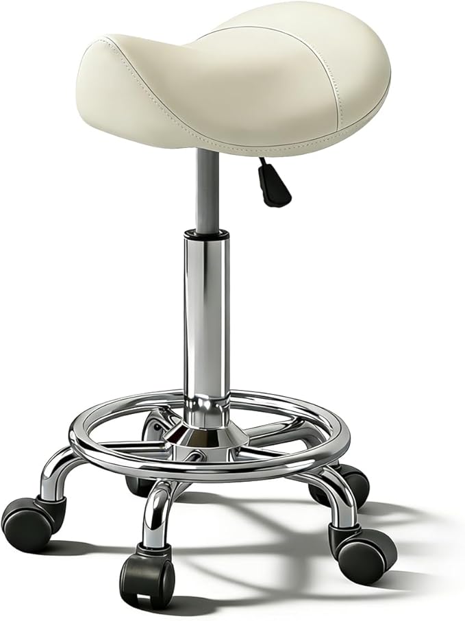 Saddle Stool, Adjustable Height Ergonomic Swivel Chair with Wheels, PU Leather Saddle Seat with Ring Pedal for Salon, Massage, Clinic, Lab, and Office