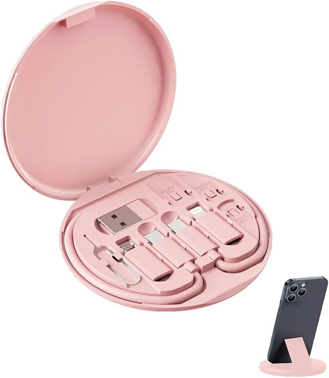 9 in 1 Cable Case USB Adapter Cable Conversion Storage Box USB Type C to Micro USB/Lightning/USB A Cable Data Transfer Tool Contains Sim Card Slot Tray Eject Pin Use as Phone Holder (Pink)