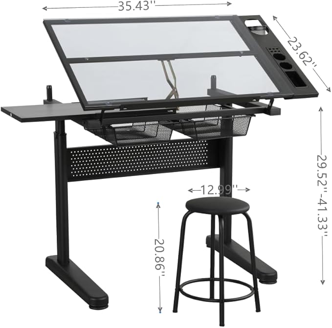 Glass Drafting Table Art Desk – Adjustable Professhional Artwork Drawing Drafting Table Desk, Glass-Topped Art Table for Craft Station Studio Home Office School w/Drawers (Black-Upgraded)