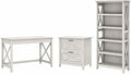 Bush Furniture Key West 48W Writing Desk with 2 Drawer Lateral File Cabinet and 5 Shelf Bookcase in Linen White Oak
