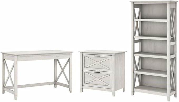 Bush Furniture Key West 48W Writing Desk with 2 Drawer Lateral File Cabinet and 5 Shelf Bookcase in Linen White Oak