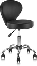 KLASIKA Leather Rolling Salon Stool with Back Support and Wheels Adjustable Height Swivel Spa Stools for Office Massage Facial Medical Drafting Tattoo Beauty Barber Lab Doctor Clinic Tattoo, Black