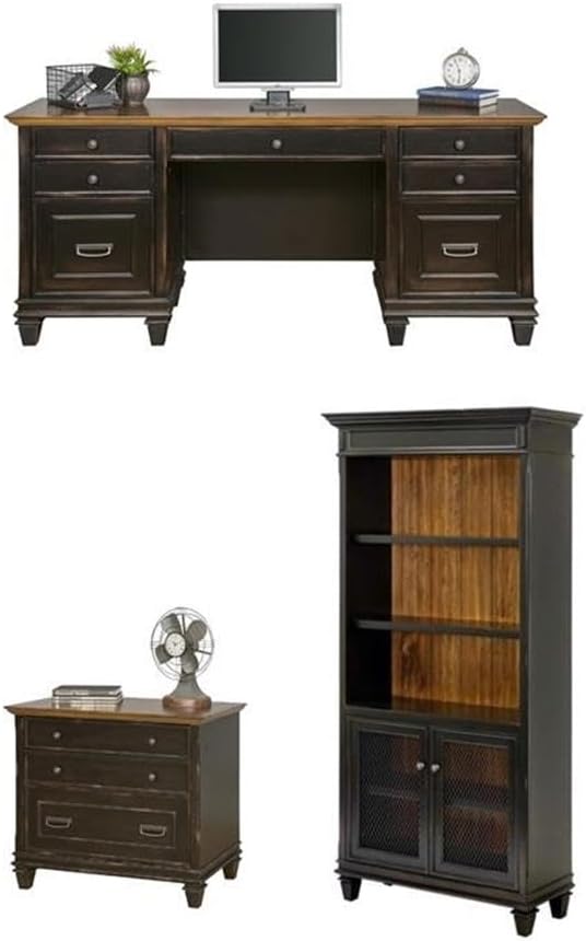 BOWERY HILL Set of 3 Credenza Office Desk & Bookcase with Doors & Filing Cabinet