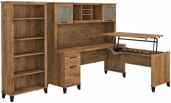 UrbanPro Sit to Stand L Desk Set with Hutch and 5 Shelf Bookcase, Fresh Walnut Finish, Engineered Wood, Adjustable Desktop Heights, Frosted Glass Doors, Ergonomic Office Furniture for Home Workspaces