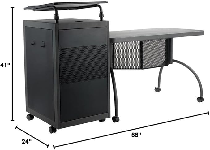 Pemberly Row Metal Teacher's WorkPod Desk and Lectern Kit, 41"H x 68"W x 24"D, Charcoal Finish, Adjustable Height, Locking Storage Cabinet, Mobile Casters, Stylish Office Furniture for Educational Use
