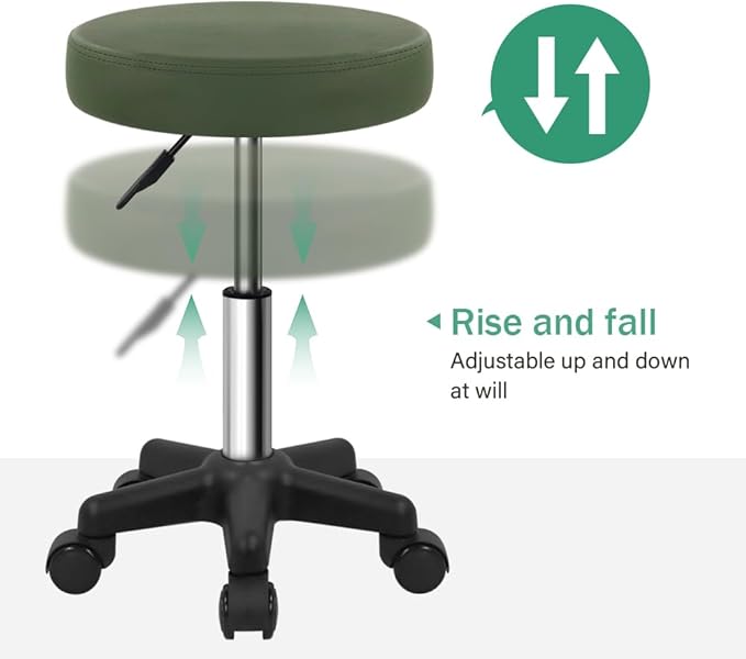 FURWOO Round Rolling Stool Height Adjustable Stool with Wheels for Spa Salon Massage Green