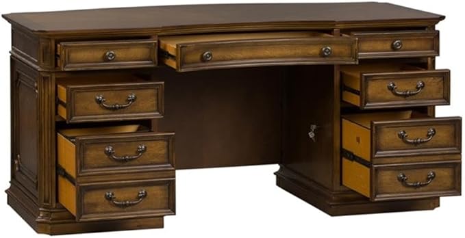 Pemberly Row Jr Executive Office Set, Medium Brown Finish, Antique Toffee Poplar & Birch Veneers, 5-Piece, Includes Desk, Credenza, Hutch, Adjustable Shelves, Touch LED Lighting, Wire Management