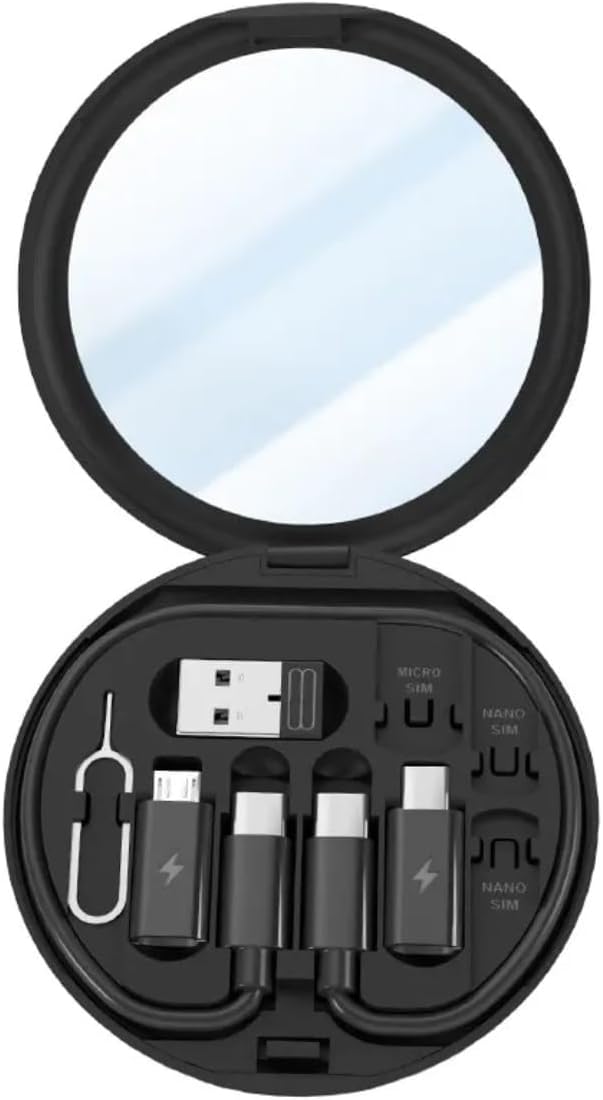 Multi USB Traveling Adapter Case Including Type C to iOS,Ejector pin, Micro-USB, USB,12in Type C Cable up to 60W PD, Fast Charging, and SIM Card Slot with Mirror.