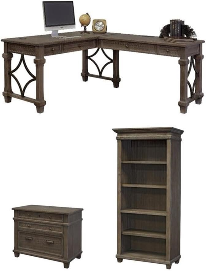 BOWERY HILL 3Pc Set L-Desk & Return Office Desk & Open Bookcase & Filing Cabinet