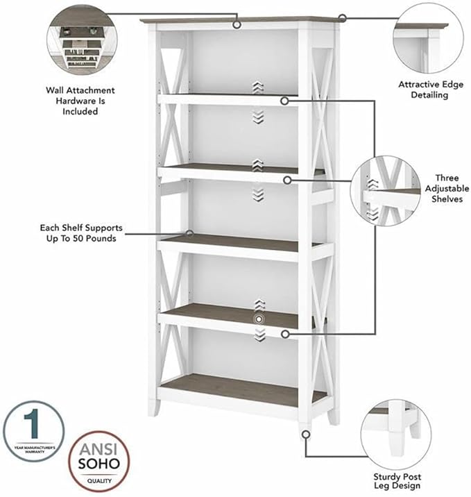 Bush Furniture Key West 54W Computer Desk with 2 Drawer Lateral File Cabinet and 5 Shelf Bookcase in Pure White and Shiplap Gray
