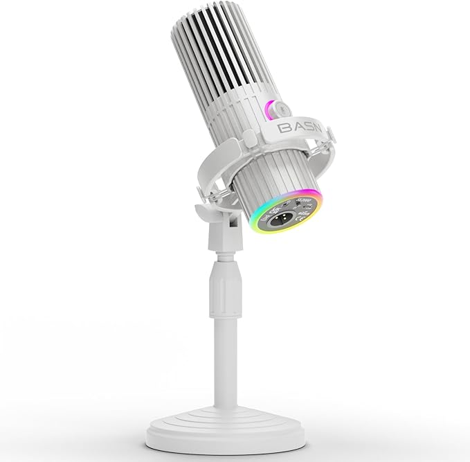 BASN USB/XLR Dynamic Microphone for Podcasting, Live Streaming, Gaming Recording with RGB Mute Button, Headphone Monitoring and MIC Stand (White) SL2000
