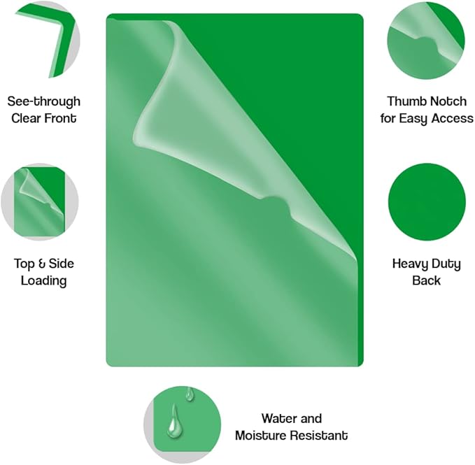 Doctor Stuff - 25 Pack L-Type Vinyl Plastic File Folders Letter Size, Green Pocket Project Folders Clear Front, Documents Holder for Home, High School, Office and Medical Files