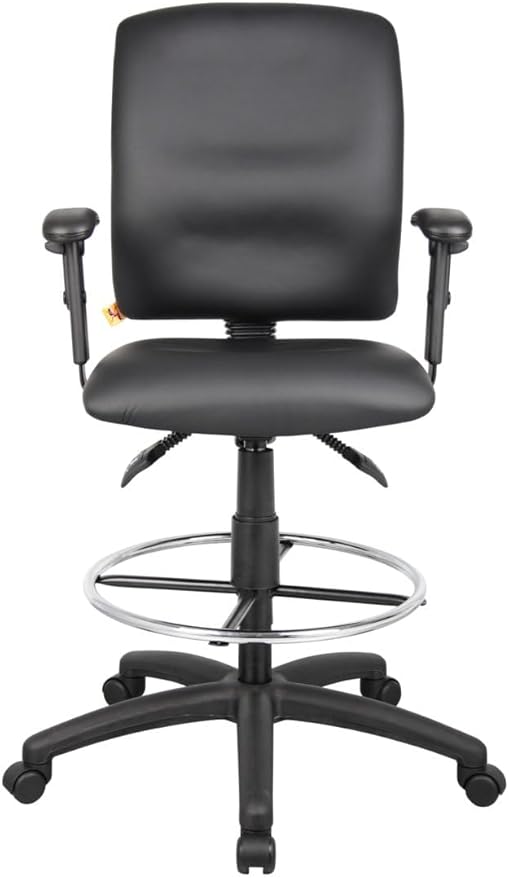Pemberly Row Multi-Function Leather Drafting Stool, Adjustable Arms, Black Upholstery, Chrome Footring, Hooded Casters, 48" H x 27" W x 35.5" D, Ergonomic Office Chair for Workspace or Studio Use