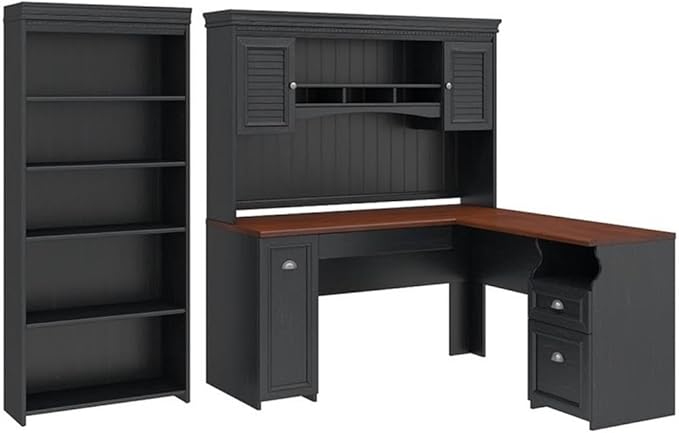 Bush Furniture Fairview L Shaped Desk with Hutch and 5 Shelf Bookcase in Antique Black